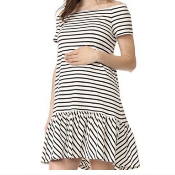 Hatch Maternity Stripe Dress Boat Neck Stripe Ruffle Short Sleeve Casual Resort - Picture 1 of 6